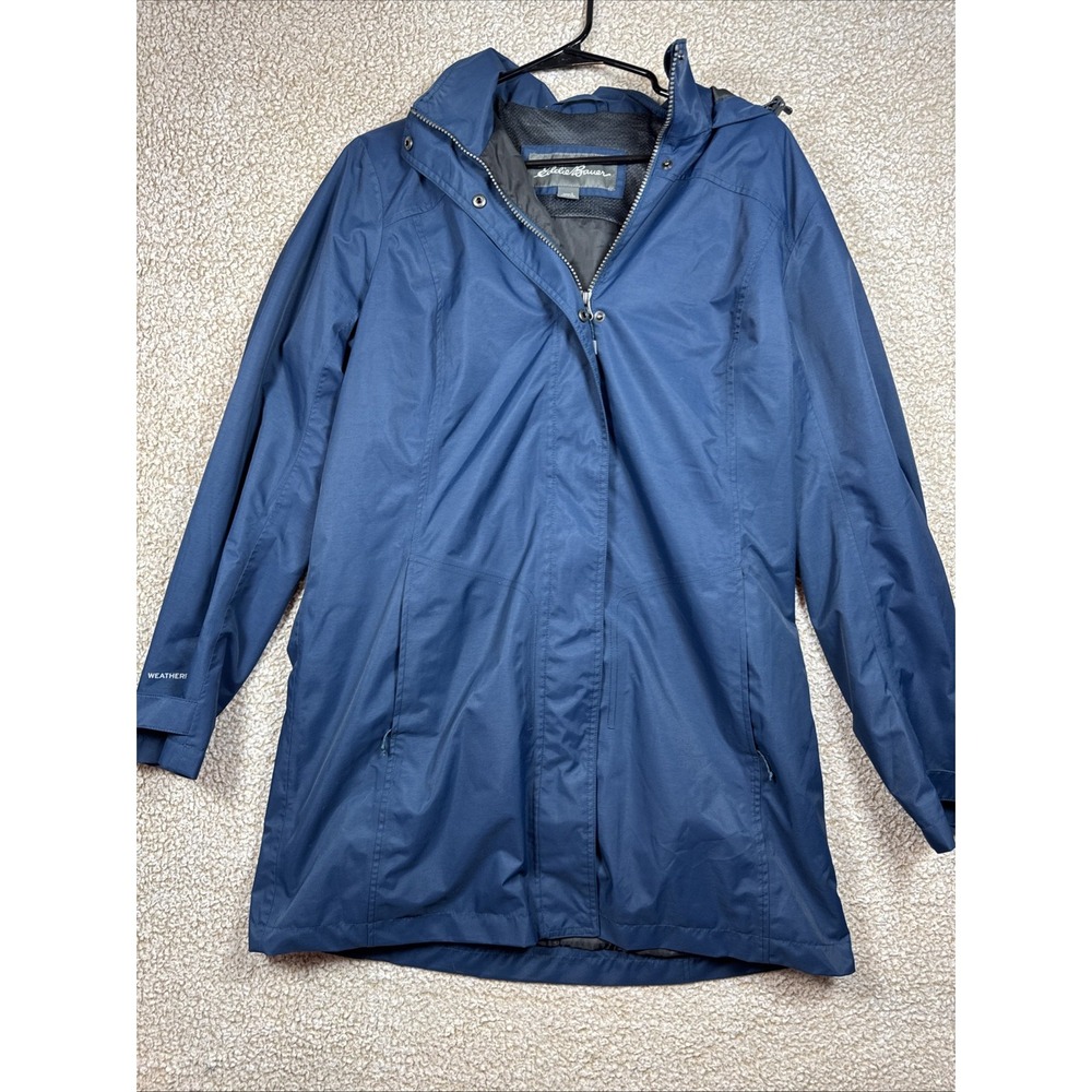 Eddie Bauer Womens L WeatherEdge Plus Waterproof Hooded Blue Rain Jacket Long